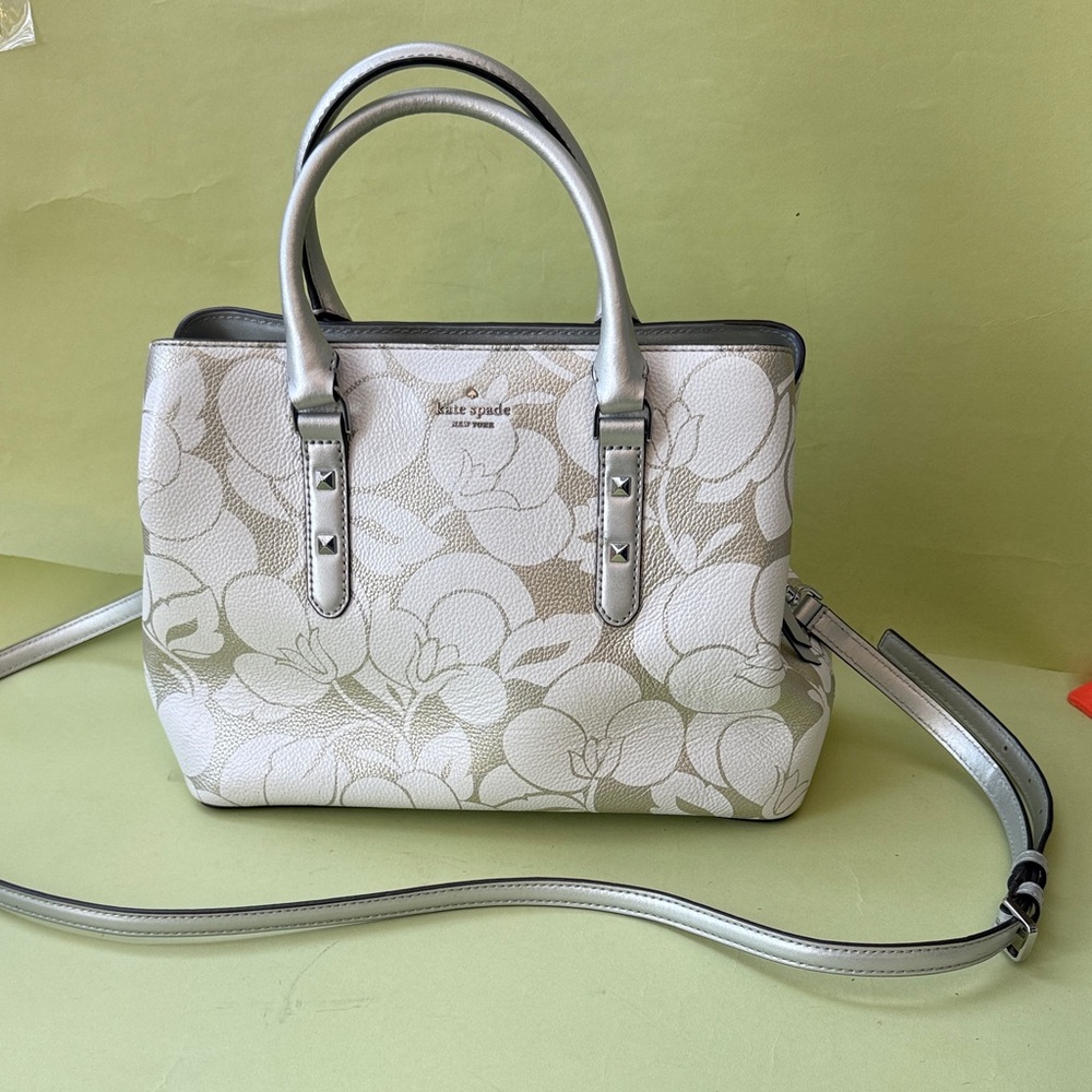 Kate Spade Silver and White Floral Satchel with Removable and Adjustable Strap